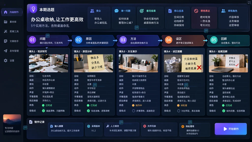 选题卡五段内容结构镜头目标画面动作声音验收状态单条视频制作路线