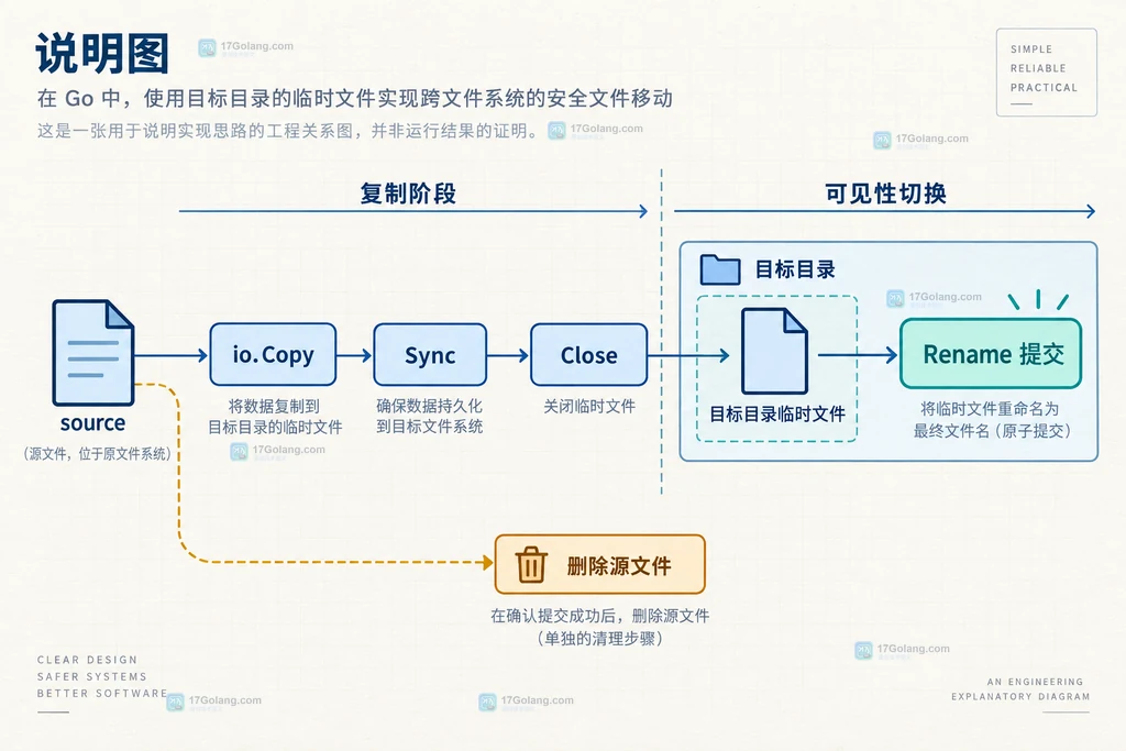 Go 跨文件系统复制中源文件、目标临时文件、Sync、最终 Rename 与源清理的关系说明图