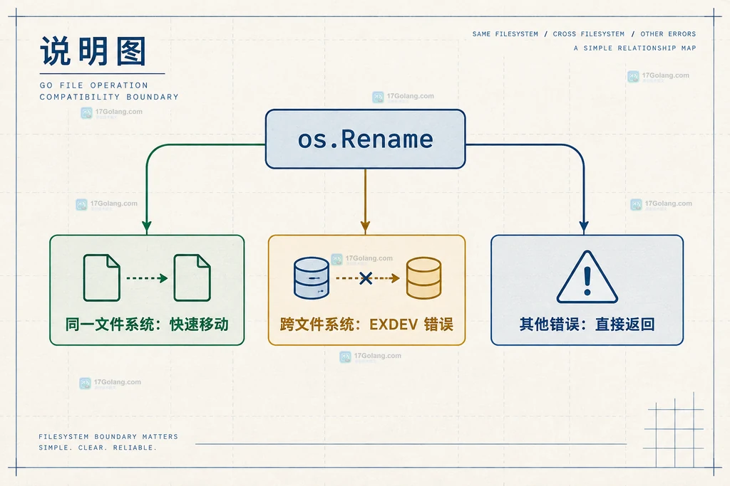Go os.Rename 同文件系统快速路径与跨文件系统 EXDEV 分支的边界说明图