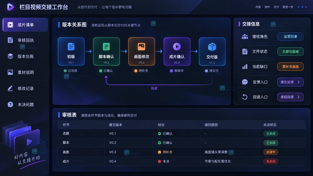 成片清单审核回执版本台账素材说明修改记录未决问题栏目视频交接包