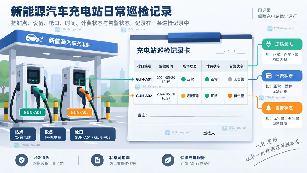 新能源汽车充电站告警处置闭环说明图，展示发现、限制使用、处理、复测与交接的关联