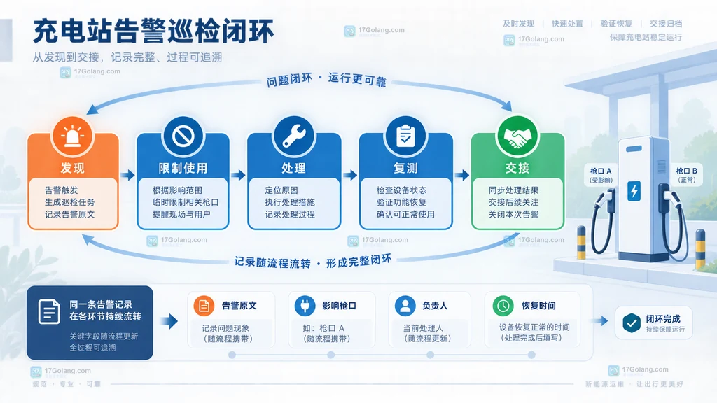 新能源汽车充电站巡检记录卡说明图，展示枪口编号、现场状态、计费状态和告警状态的字段关系