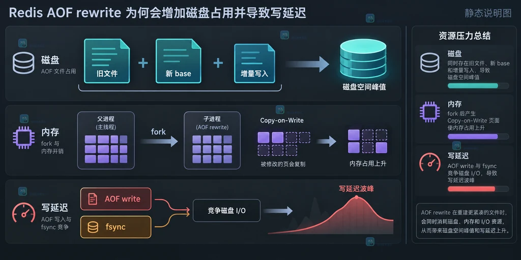 Redis AOF 重写期间磁盘空间、fork 内存压力与写延迟关系说明图