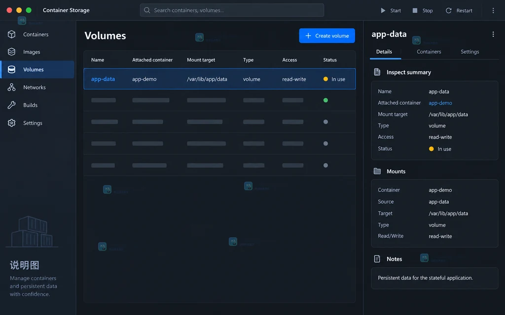Docker volume管理工作台中展示命名volume、容器挂载路径和读写状态的原创界面说明图