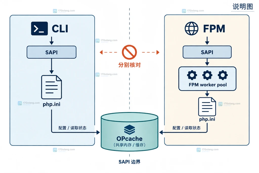 PHP CLI 与 FPM 分别加载配置并连接各自缓存上下文的结构说明图