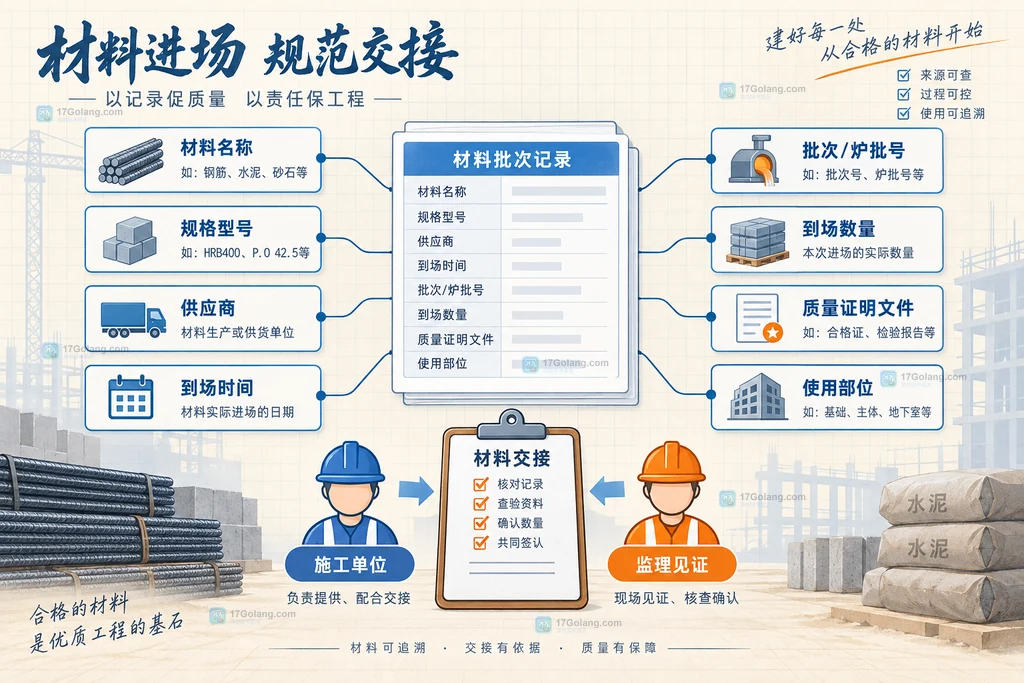 建筑材料批次台账说明图,展示批号、数量、质量证明和使用部位的追溯关系