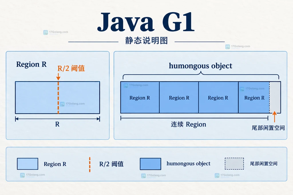 Java G1 Region R、R/2 humongous 阈值与连续 Region 分配关系说明图