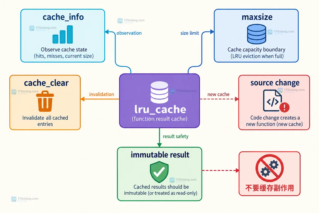 Python lru_cache 通过 cache_info 和 cache_clear 管理缓存失效与不可变返回值的关系图
