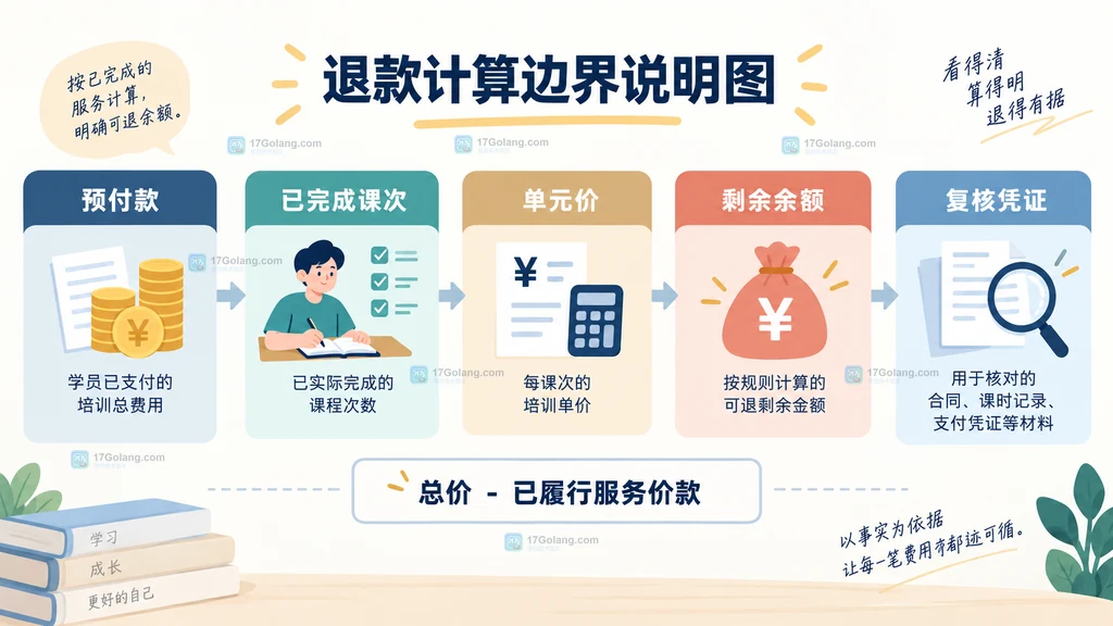 职业培训预付款、已完成课次、单元价和剩余退款余额的计算边界说明图