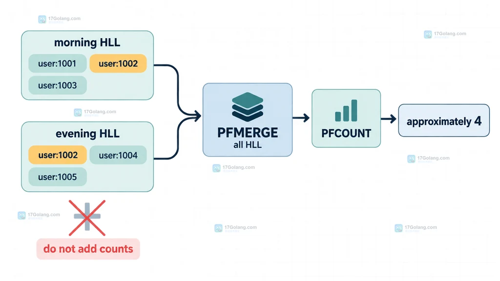 Redis PFMERGE 合并两个包含重复用户的 HyperLogLog 并输出整体近似基数的关系说明图