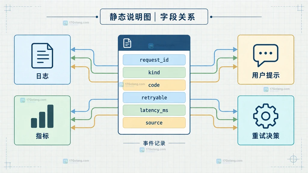 AI 响应事件日志字段与用户提示、指标和重试决策的关系结构图