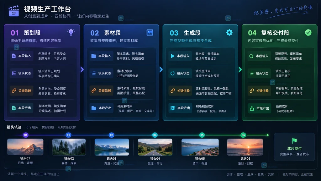 视频工作流四段生产链路原创界面说明图