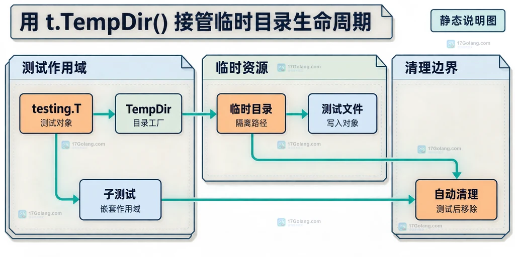 Go testing.T TempDir、临时目录、测试文件、子测试和自动清理之间的静态调用关系说明图