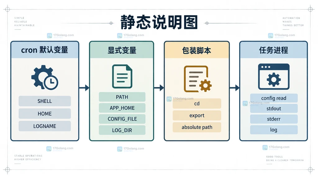 cron 默认变量、显式变量、包装脚本和任务进程的静态关系说明图