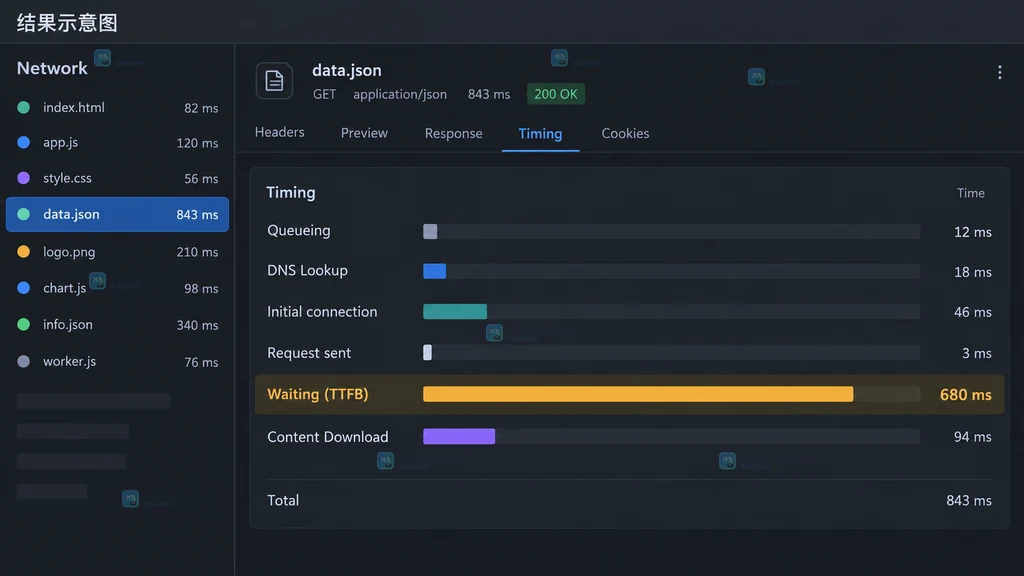 Chrome DevTools Network Waterfall 中 api/orders 请求等待段较长的原创界面说明图