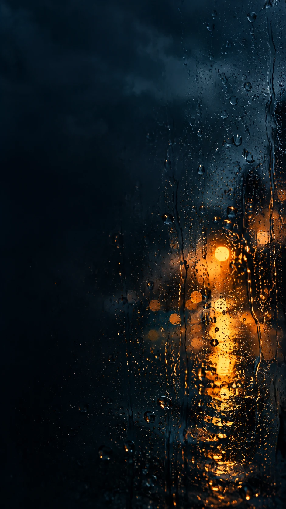 琥珀雨夜手机壁纸变体，主体偏右下并为左侧图标区保留深色空间
