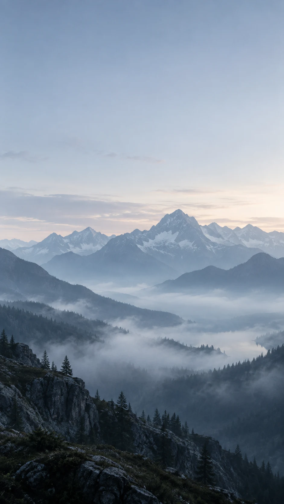 青灰山谷手机壁纸远景山脊与上方锁屏留白说明图