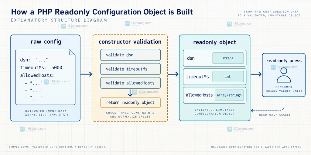 PHP 8.1 readonly 属性与 PHP 8.2 readonly class 的版本边界和可变对象风险说明图