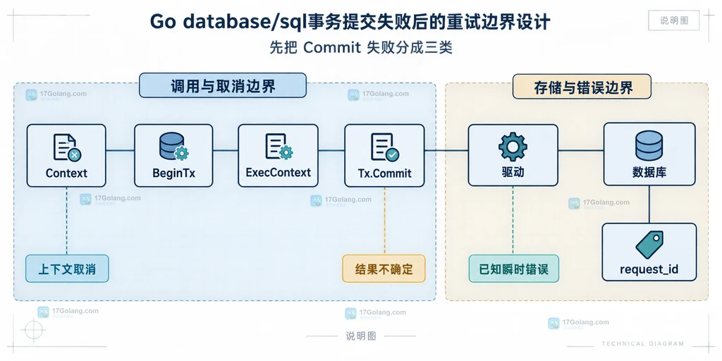 Go database/sql整笔事务重试与request_id幂等记录和补偿查询的关系说明图
