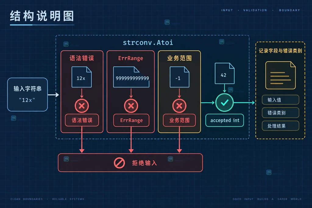 Go strconv.Atoi 从外部字符串到 int 和 error 的静态输入闸门说明图