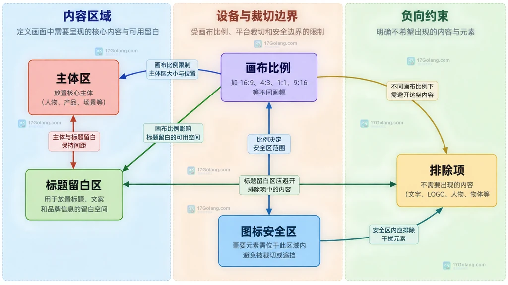主体区、标题留白区、图标安全区、画布比例和排除项之间的静态版式边界说明图