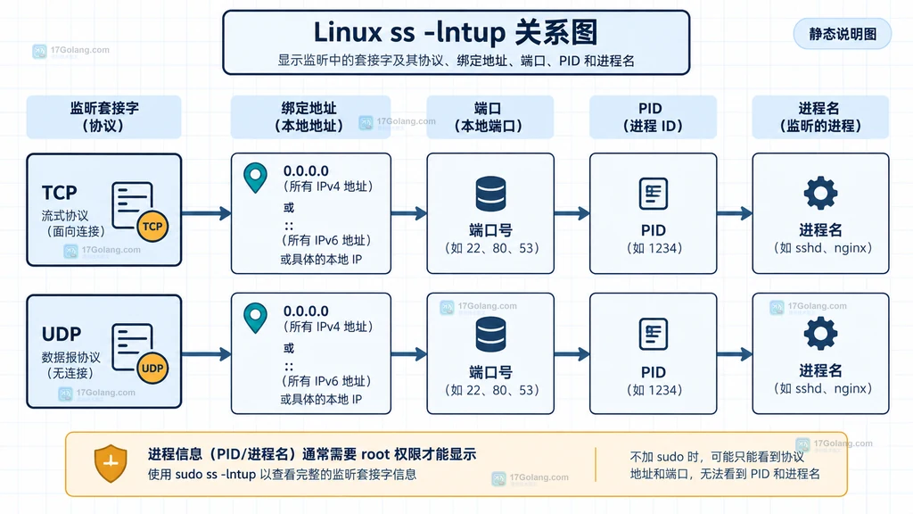 Linux ss监听表把TCP端口、绑定地址与进程映射到同一张静态关系图