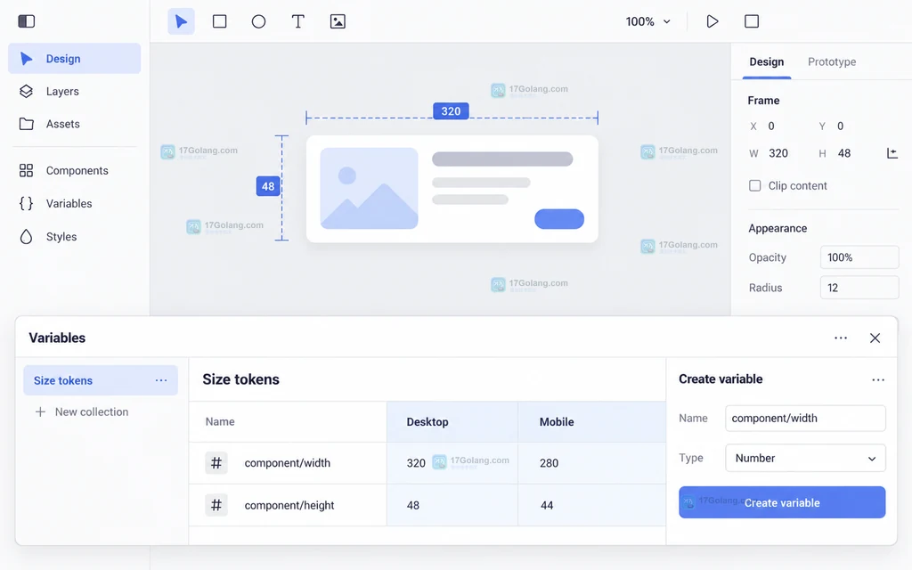 Figma Variables 面板中的 Size tokens 集合、组件宽高 number 变量和 Desktop Mobile 模式说明图