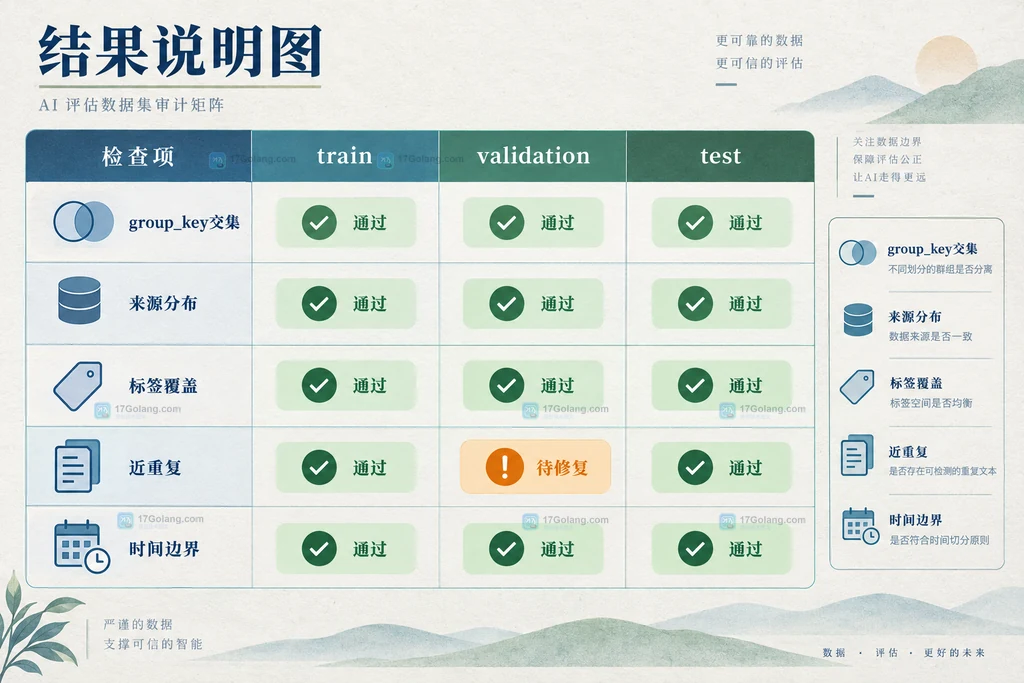 模型评测集泄漏检查矩阵对照任务簇交集、来源分布、标签覆盖和时间边界的结构说明图