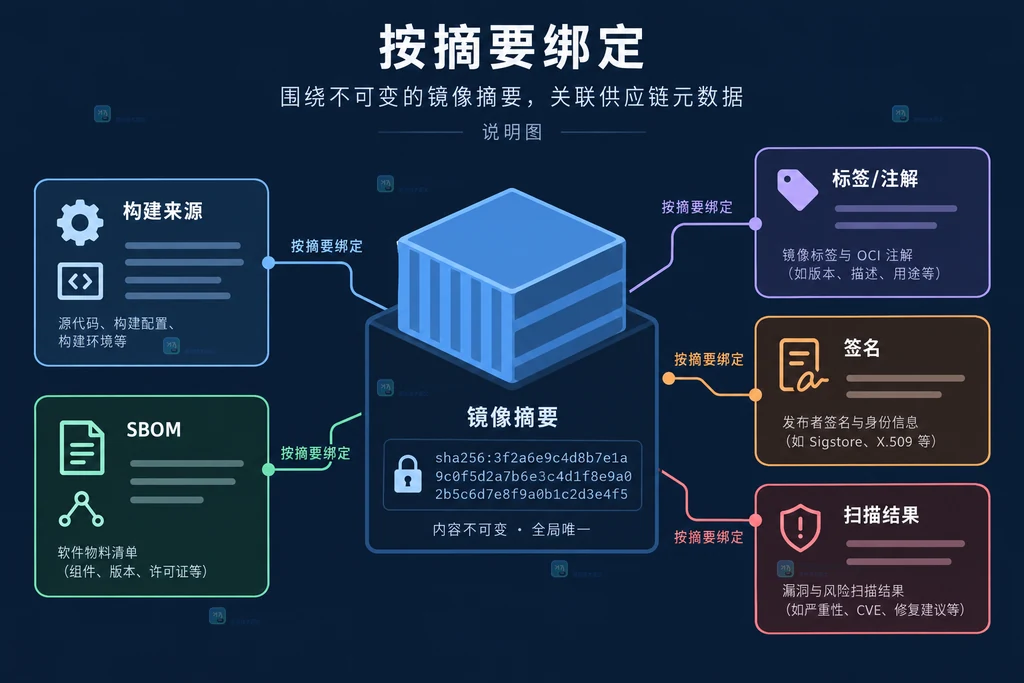 OCI镜像摘要与标签注解、构建来源、SBOM、签名和扫描结果的关系说明图