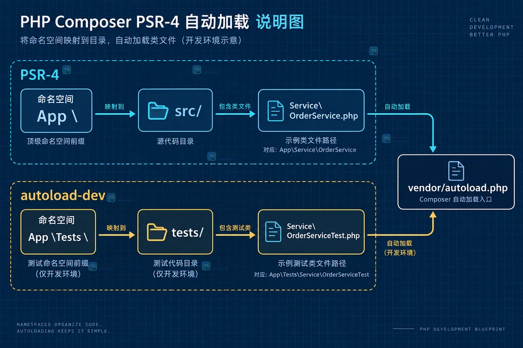 Composer 生产 classmap、authoritative 与 APCu 选择边界结构图