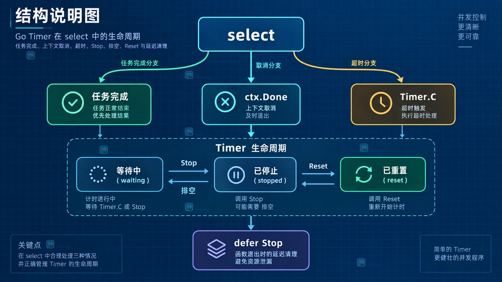 Go select等待任务完成、ctx.Done和Timer.C并在退出时Stop的结构说明图