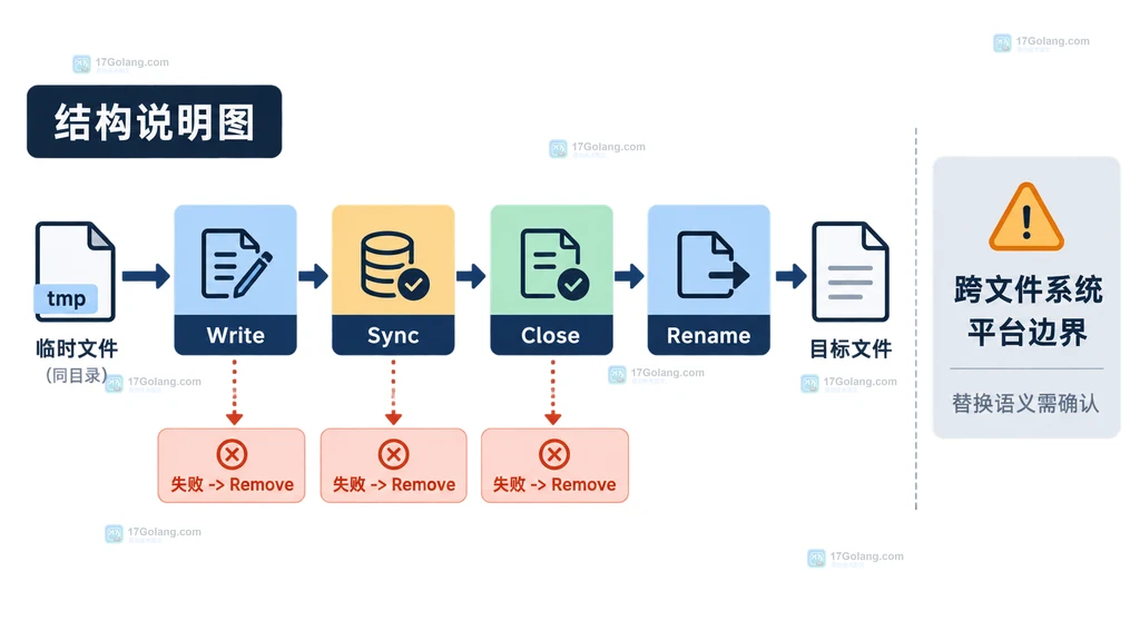 Go 临时文件写入 Sync Close Rename 的成功与失败边界结构说明图