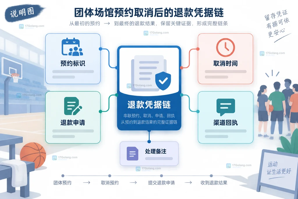体育场馆取消预约后的退款凭据链,连接预约标识、取消时间、退款申请和渠道回执