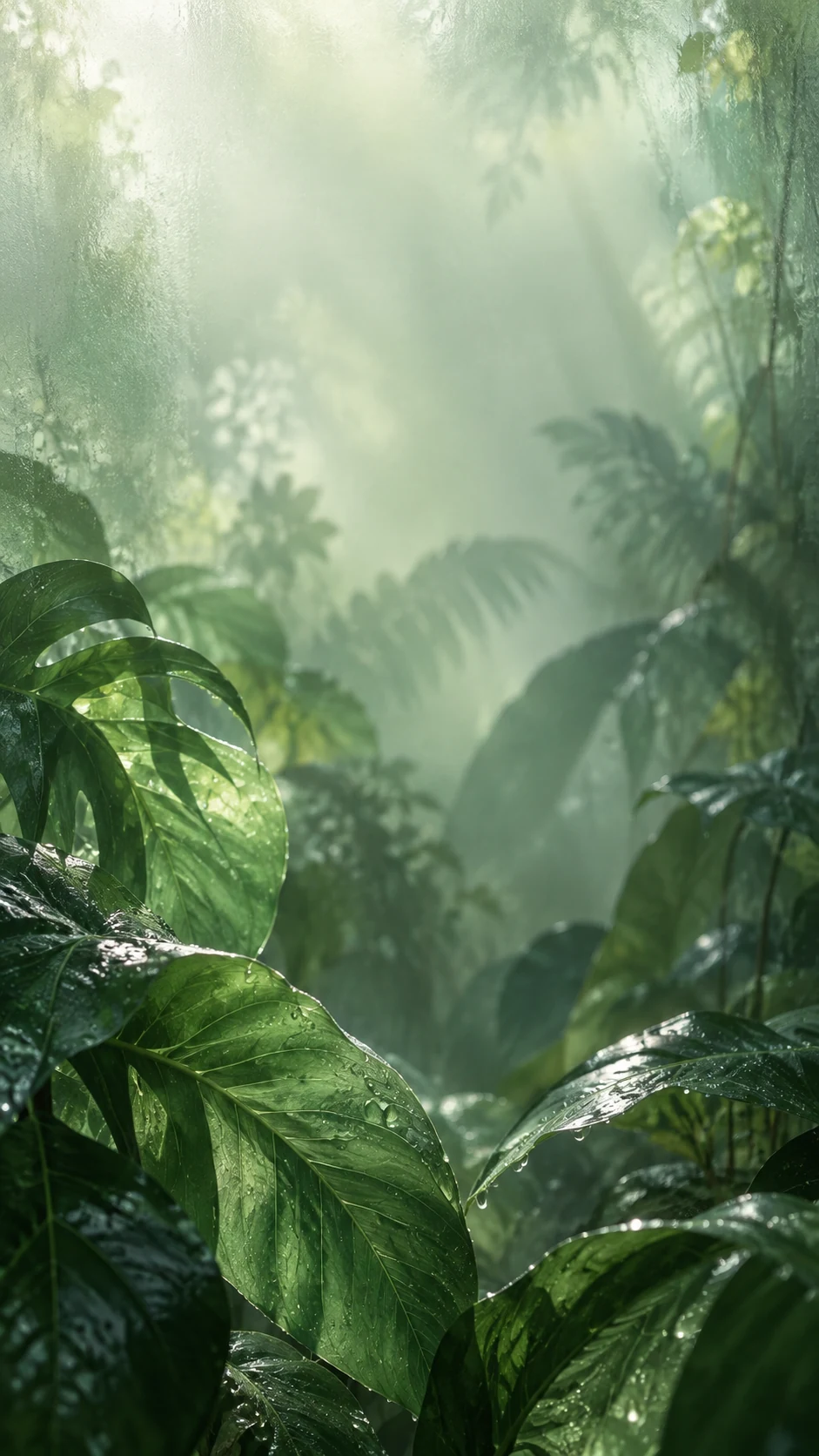 绿色玻璃雨林手机壁纸变体说明图,叶簇下沉到底部四分之一并为主屏图标保留宽留白