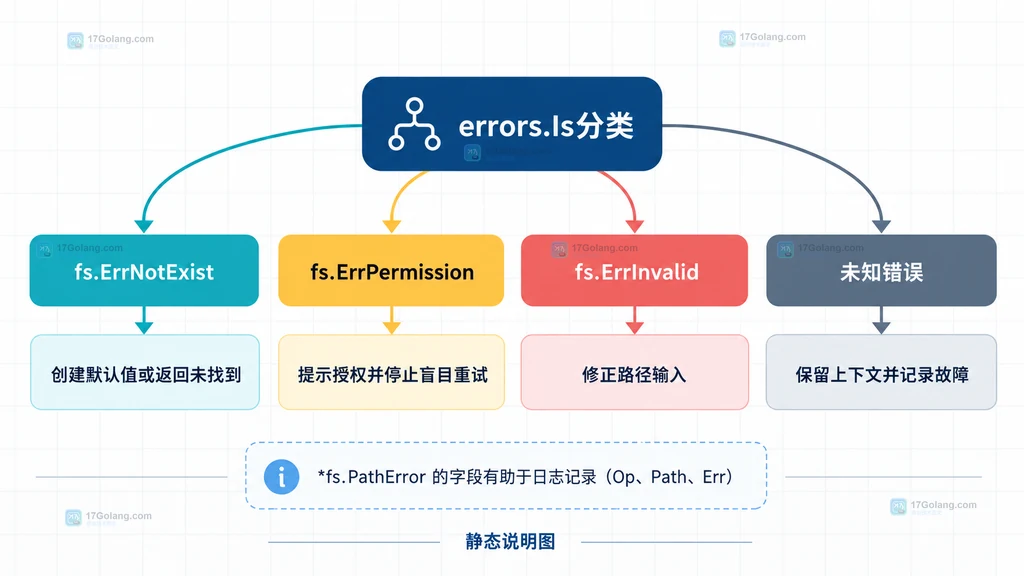 Go io/fs错误分类到创建默认值、提示授权、修正路径和保留故障动作的决策说明图