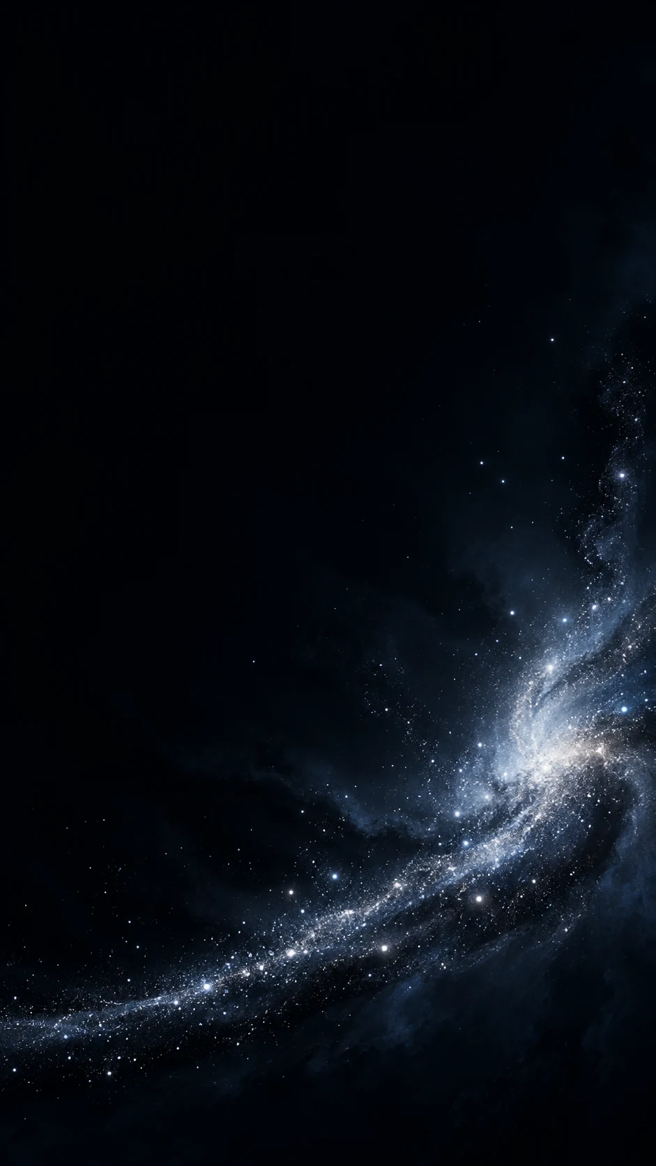冷白星尘手机壁纸变体,星尘带斜向右下展开,左侧保留深色图标区