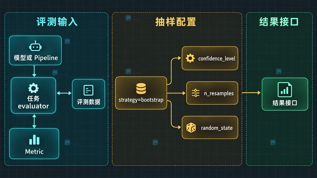 Evaluate evaluator、bootstrap 参数与结果字段的静态关系图