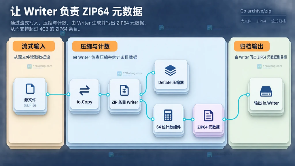 大文件流式写入 ZIP64 的输入、压缩和元数据依赖结构图