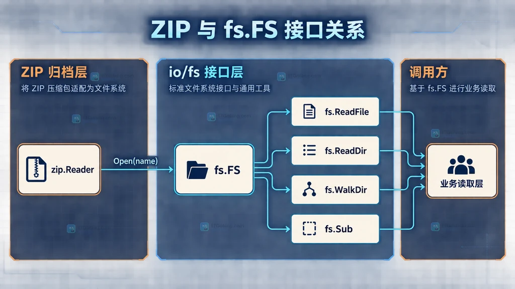 zip Reader 与 fs.FS、fs.ReadFile、fs.ReadDir 和 fs.Sub 的接口关系