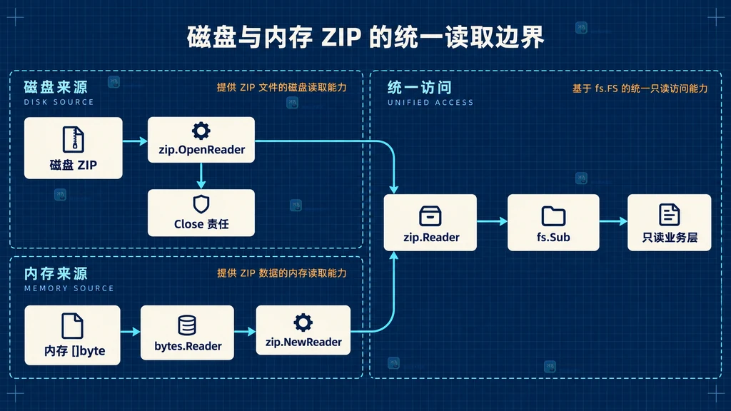 磁盘 ZIP 与内存 ZIP 汇入同一 fs.FS 读取层的边界关系