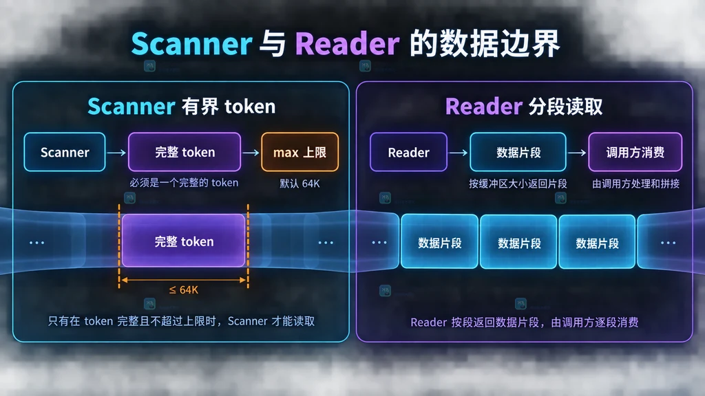 Scanner 有界 token 模型与 Reader 分段读取模型的结构对比
