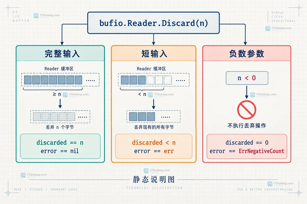 Go bufio.Reader Discard 的完整输入、短输入和负数参数边界关系说明图