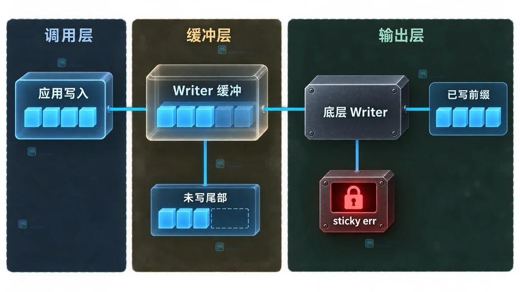 bufio Writer 缓冲区、底层 Writer 与粘性错误字段的静态关系图