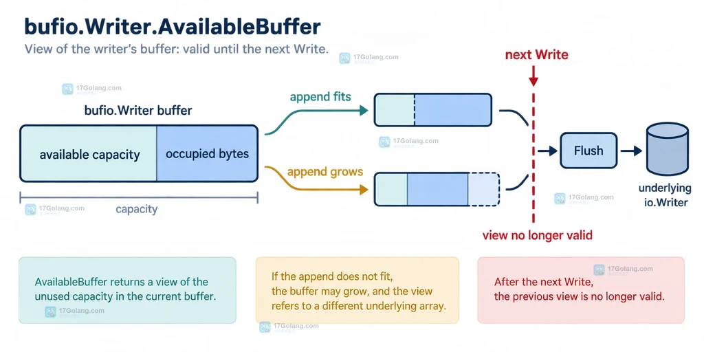 Go bufio.Writer AvailableBuffer 从剩余容量到 append 再到 Write 的结构关系说明图