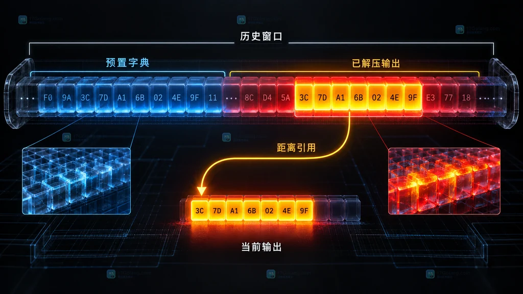 Go flate 预置字典与回溯窗口关系图