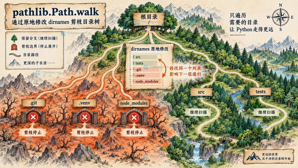 Python Path.walk 通过原地修改 dirnames 剪掉无关目录子树的结构示意图