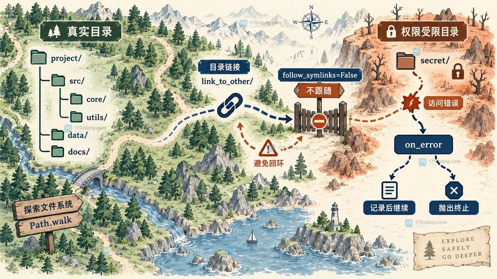 Python Path.walk 的符号链接、权限错误和继续遍历边界示意图