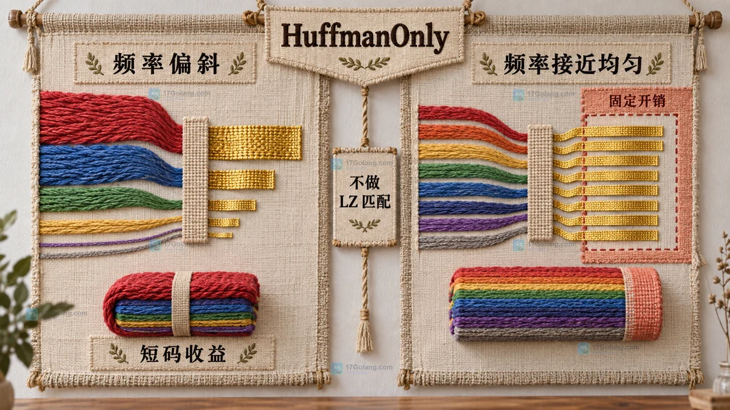 Go flate HuffmanOnly 在字节频率偏斜和均匀分布下的码长收益对比结构图