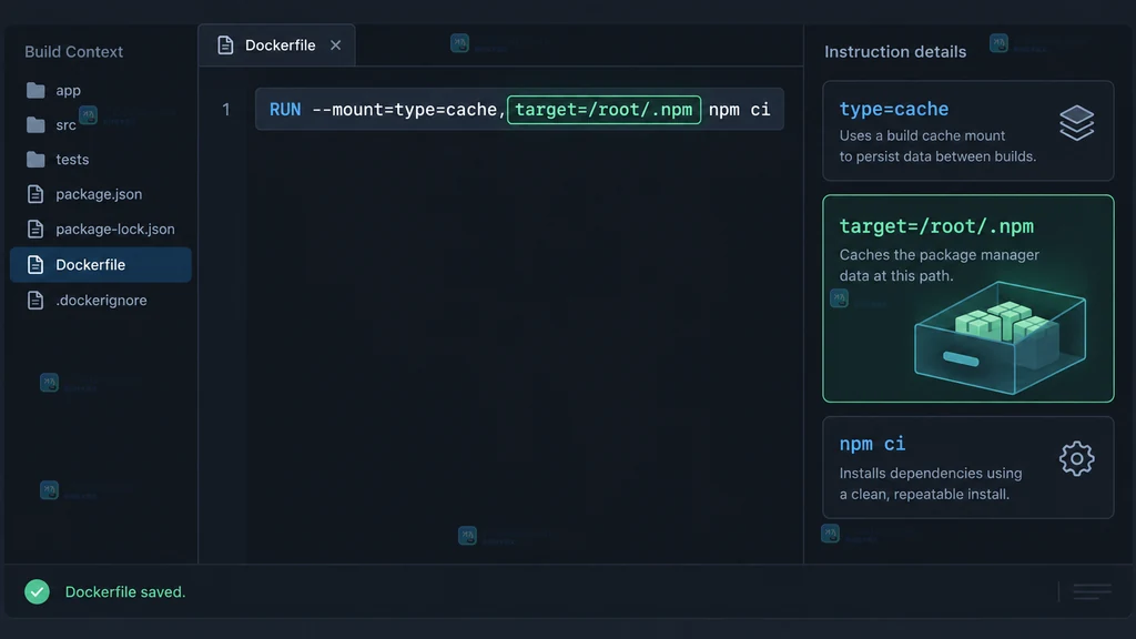 原创 Dockerfile 配置界面说明图,突出 RUN cache mount 与 npm 缓存目录