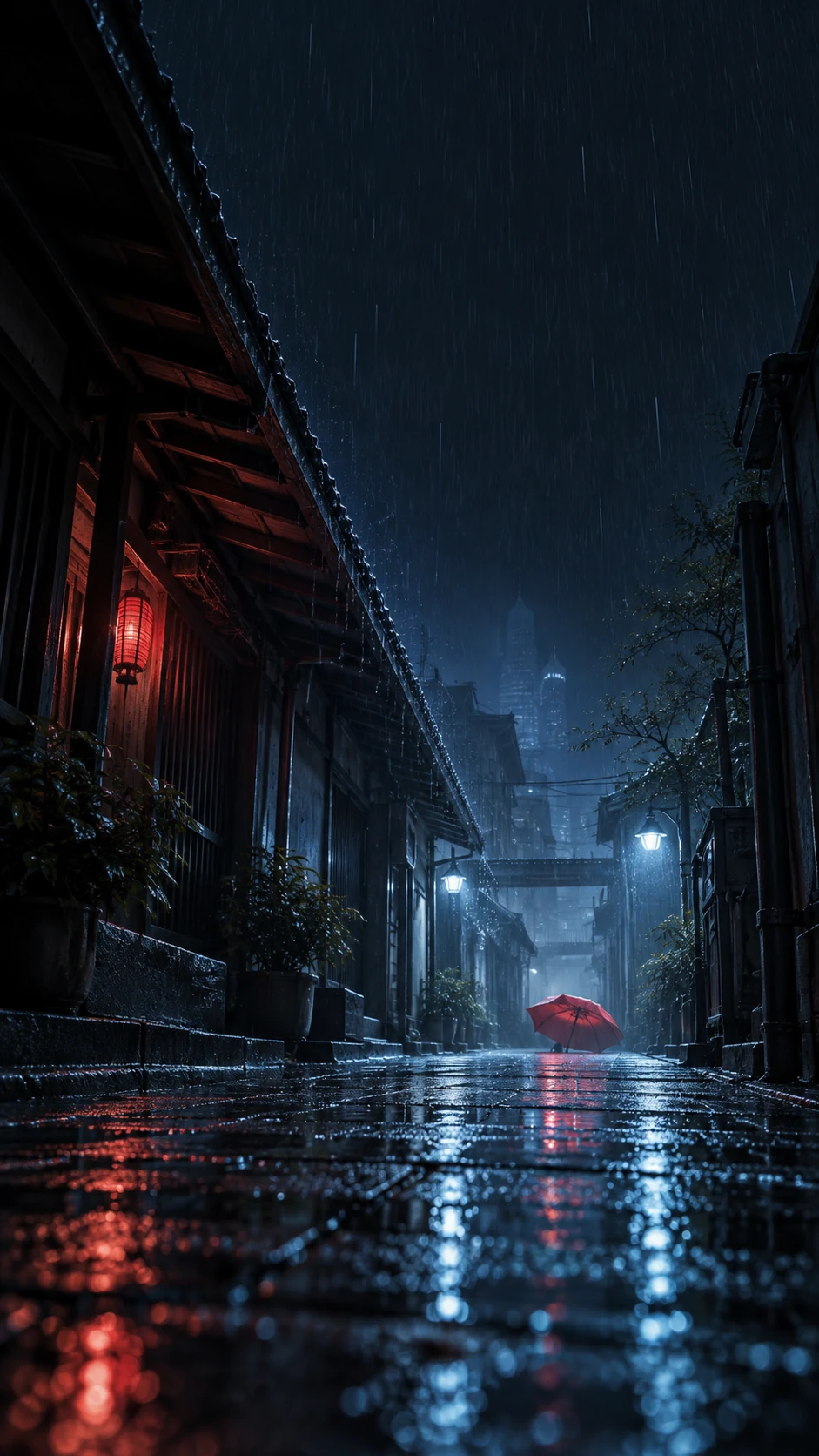 低机位霓虹雨巷变体手机壁纸,左上雨棚形成斜向引导线,远处有红伞